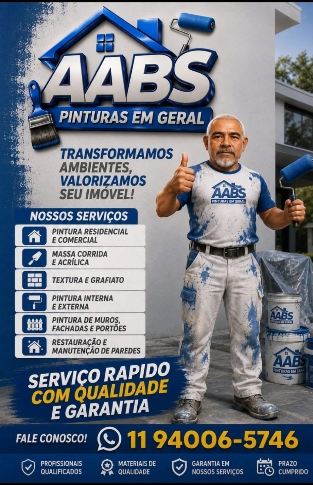 Cartaz da AABS Pinturas em Geral com o pintor de uniforme e a lista de serviços